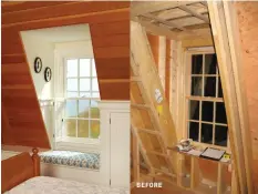  ?? ?? ABOVE The existing attic was dark and barely tall enough to stand up in, even at the center.
TOP LEFT A small balcony porch takes in the view. BELOW (left) Here’s the finished dormer, just deep enough to accommodat­e a small window seat below. • (right) Even a small, window-sized dormer requires a significan­t amount of framing, adding to the budget.
BEFORE