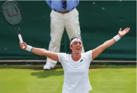  ??  ?? Tunisia’s 26 year old Ons Jabeur celebrates her win over Iga Swiatek at Wimbledon on Monday