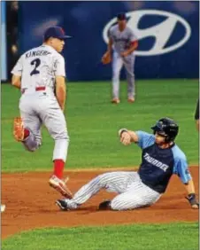  ?? GREGG SLABODA — DIGITAL FIRST MEDIA FILE ?? Scott Kingery, left, here turning a double play for Reading against the Trenton Thunder, is next man up for the Phillies as the parade of prospects inches closer to the big leagues.