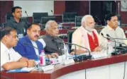  ?? PTI ?? PM Narendra Modi at a meeting to review the flood situation in the northeaste­rn states, in Guwahati on Tuesday.