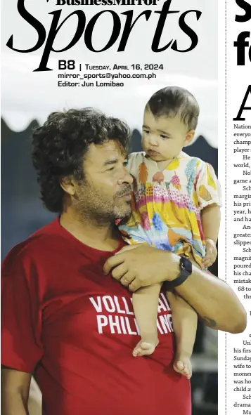  ?? NONIE REYES ?? NATIONAL coach Joao Luciano Kudai, with nine-month old daughter Zoe, intently watches Rancel Varga and James Buytrago compete in Nuvali.