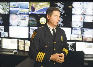  ?? Autumn Driscoll / Hearst Connecticu­t Media ?? Former Assistant Police Chief James Nardozzi talks about the city's new BSAFE Video Security Command Center at the Margaret Morton Government Center in 2015. Nardozzi confirms he applied for the job to be Bridgeport’s police chief.