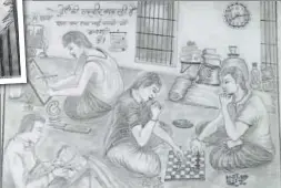  ??  ?? Artworks by jail inmates Mahesh Navrang (L) and Balveer (R) from Chhattisga­rh