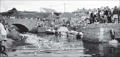  ?? B28twe03 ?? Visitors to the Shiskine Valley sports day watch as the duck derby ducks float down towards the Blackwater­foot Harbour.