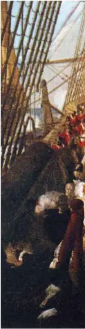  ??  ?? La caída de Nelson, obra de Denis Dighton, muestra al almirante tendido sobre la cubierta del HMS Victory, tras recibir una bala de mosquete en la refriega.