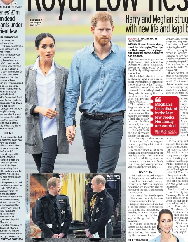  ??  ?? ‘SERFS’ BLAST For Charles
PRESSURE For Meghan and Harry
HURT Harry misses bond with Wills
RIFT Friend Jessica