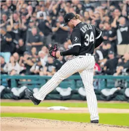  ?? TRIBUNE ARMANDO L. SANCHEZ / CHICAGO ?? White Sox pitcher Michael Kopech reacts after striking out Astros catcher Martin Maldonado during Game 3 of the American League Divisional Series.