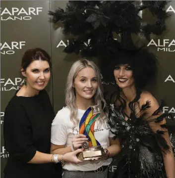  ??  ?? Joan Jordan from Alfaparf Milano, stylist Hannah Kavanagh from Black Amber Salon and model Beck Ali at the Alfaparf Milano Fantastic Hairdresse­r Awards.