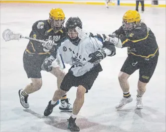  ?? BOB TYMCZYSZYN THE ST. CATHARINES STANDARD ?? Niagara Thunderhaw­ks Trent Hunter (4) is checked by Elora Mohawks players Bo Columbus (6) and AJ Skirving (5) in junior B lacrosse playoff action Sunday at Meridian Credit Union in Virgil.