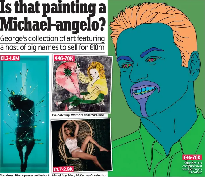  ??  ?? Eye-catching: Warhol’s Child With Kite Model buy: Mary McCartney’s Kate shot €46-70K Striking: This computeris­ed work changes its colour €1.2-1.8M Stand-out: Hirst’s preserved bullock €46-70K €1.7-2.9K