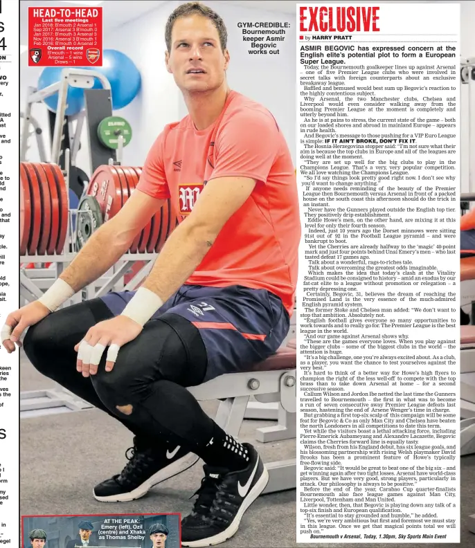  ??  ?? GYM-CREDIBLE: Bournemout­h keeper Asmir Begovic works out