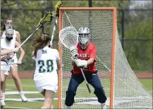  ?? OWEN MCCUE — MEDIANEWS GROUP ?? Owen J. Roberts goalie Korrigan Sweeney, right, watches as Methacton’s Megan Sanelli attempts to shoot.