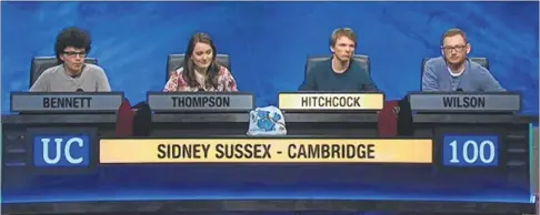  ??  ?? Former Norton Knatchbull School pupil Thomas Hitchcock, second from right, appears on University Challenge as captain of the Sidney Sussex College Cambridge team