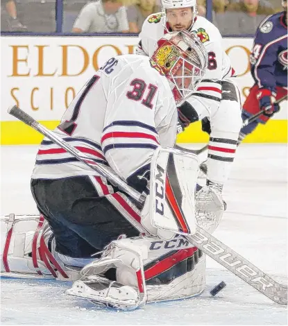  ??  ?? Anton Forsberg made 38 saves Tuesday in the preseason opener against his former team, the Blue Jackets. | PAUL VERNON/ AP