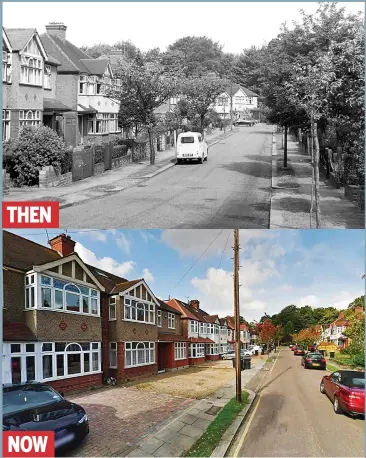  ?? Picture research: THOMAS McCARTHY ?? Elmscott Gardens, Enfield: In 1955 every house had its wooden gate, path, brick wall and greenery. Now the shrubs and lawns have vanished under block paving