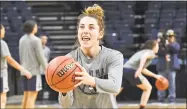  ?? John Carl D’Annibale / Albany Times Union ?? UConn’s Katie Lou Samuelson is excited during practice Friday before their NCAA Tournament regional game at the Times Union Center in Albany, N.Y.