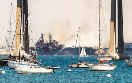  ?? U-T FILE ?? Emergency crews respond to the fire aboard the amphibious assault ship Bonhomme Richard on July 12 at Naval Base San Diego.