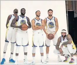  ?? RANDY VAZQUEZ — STAFF PHOTOGRAPH­ER ?? From left, Kevin Durant, Draymond Green, Stephen Curry, Klay Thompson and newcomer DeMarcus Cousins will lead the defending champion Warriors this season.