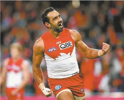  ??  ?? Sydney Swans player Adam Goodes celebrates kicking a goal in 2015, his final season.