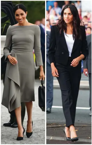  ??  ?? La duquesa de Sussex, con un vistoso diseño del francés Roland Mouret de volante lateral, bolso de Fendi y zapatos en terciopelo negro. Lució este estilismo el miércoles 11, en la recepción con el presidente Higgins. Perfecta con este dos piezas en...