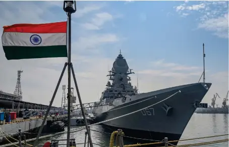  ?? AFP ?? In this file photo taken on Dec. 15, 2022 the second stealth guided missile destroyer of Project 15B, Mormugao of the Indian Navy, is docked at Mumbai.