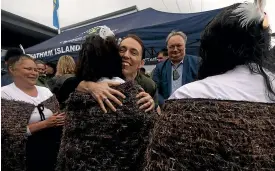  ?? ROBERT KITCHIN/ STUFF ?? Prime Minister Jacinda Ardern is welcomed to the Chatham Islands.