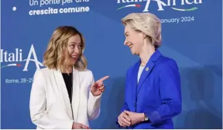  ?? ?? Italian Premier Giorgia Meloni welcomes President of the EU Commission Ursula von der Leyen ahead of an Italy - Africa summit, in Rome. Jan. 29, 2024.