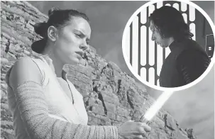  ?? PHOTOS BY LUCASFILM ?? Galactic adversarie­s Rey ( Daisy Ridley) and Kylo Ren ( Adam Driver) were last seen facing off in bitter battle.