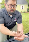  ?? ?? Levins lets Felicia the tarantula crawl from hand to hand while talking about Crosstown Exotics, the company he formed with Langenderf­er after the two met as reptile enthusiast­s at LincolnWay East High School in Frankfort. Their animals are featured at several attraction­s.