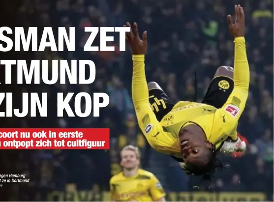  ?? FOTO EPA-EFE ?? Batshuayi viert zijn doelpunt tegen Hamburg met een salto. Een tafereel dat ze in Dortmund nog vaak gaan zien?