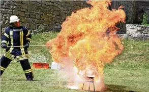  ??  ?? Spektakulä­r ging es bei den Vorführung­en der Feuerwehr auf dem Innenhof der Wasserburg zu. Hier ist zu sehen, was passiert, wenn man einen Fettbrand mit Wasser zu löschen versucht.