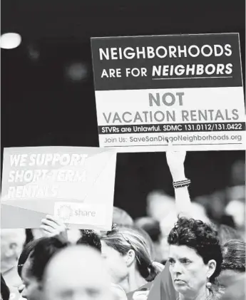  ?? NELVIN C. CEPEDA U-T FILE ?? The San Diego Planning Commission last week endorsed a plan to cut short-term rentals by 50 percent. It still needs to be approved by the City Council but the plan marked a major milestone in the city’s efforts to reach an agreement on Airbnb-style rentals. The decision was based on residents complainin­g for years about loud vacation rentals next to their homes. However, the vacation rentals are also a major source of revenue for the city through transit occupancy taxes.