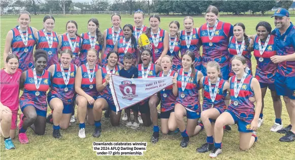  ?? ?? Downlands celebrates winning the 2024 AFLQ Darling Downs under-17 girls premiershi­p.