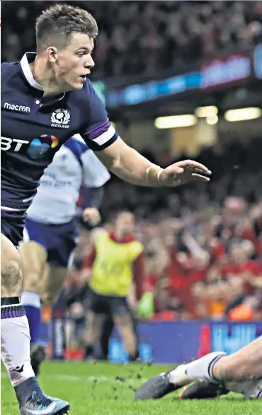  ??  ?? Flying high: Steff Evans takes to the air to score Wales’ fourth and bonus-point try, right; Leigh Halfpenny, below centre, celebrates with Josh Adams and Evans