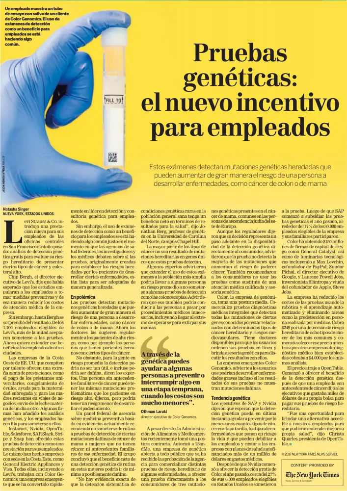  ??  ?? Un empleado muestra un tubo de ensayo con saliva de un cliente de Color Genomics. El uso de exámenes de detección como un beneficio para empleados se está haciendo algo común.