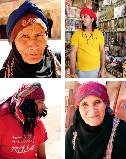  ??  ?? Faces of Jordan Clockwise from top left: A weaver in Little Petra. Kohel expert Mahmond Al-mashleh. Local stallholde­r in Petra. Bedouin camping and hiking guide.