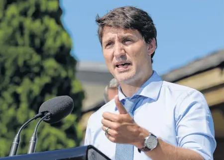  ?? ANDREJ IVANOV • REUTERS ?? Prime Minister Justin Trudeau speaks in Niagara-on-the-Lake, Ont., on Aug. 14.