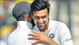  ?? PTI ?? Virat Kohli hugs R Ashwin after India beat Sri Lanka by an innings and 239 runs in the Nagpur Test on Monday.