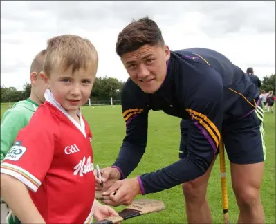  ??  ?? Eoin Redmon has his hurl signed by Lee Chin at a GAA Cul Camp in Oylegate in 2015.