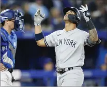  ?? COLE BURSTON – GETTY IMAGES ?? Gleyber Torres of the Yankees celebrates after hitting a two-run homer during the fourth inning of Monday’s game against the Blue Jays.