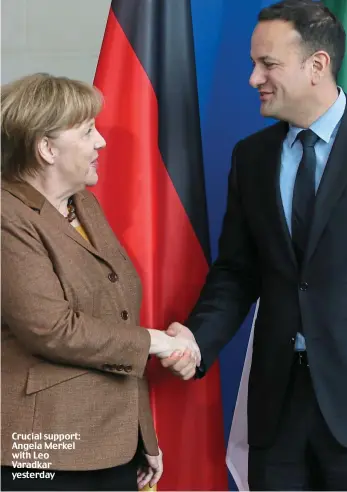  ??  ?? Crucial support: Angela Merkel with Leo Varadkar yesterday