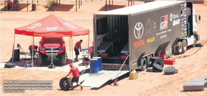  ?? Pictures: John Floyd ?? THE OFFICE. Toyota’s technician­s are spending a serious amount of time working in this truck, preparing for next year’s Dakar Rally.