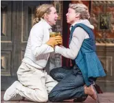  ??  ?? Michelle Terry as Hamlet and Catrin Aaron as Horatio at Shakespear­e's Globe