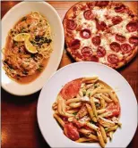  ?? ?? Among the offerings at Pero’s Pizza & Pasta are (clockwise from upper left) veal piccata, an individual-size pepperoni pizza and penne Margherita.