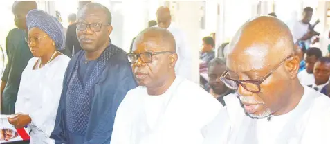  ?? PHOTO: NAN ?? Wife of former Ekiti State Governor, Bisi Fayemi ( left); her husband, Dr Kayode Fayemi; Deputy Governor of Ondo State, Olaide Adelami and Governor Lucky Aiyedatiwa, during the commendati­on service for Oluwarotim­i Akeredolu at All Saints’ Church, Jericho, Ibadan… yesterday.