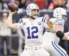  ?? MICHAEL WYKE/AP ?? Indianapol­is Colts quarterbac­k Andrew Luck threw for 191 yards and two touchdowns before halftime Saturday against the Texans.