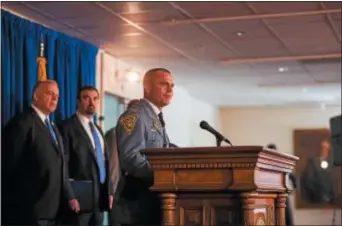  ?? SUBMITTED IMAGE ?? New Jersey State Police Col. Patrick Callahan announces at Gov. Phil Murphy’s press conference in Trenton that his officers would stop by 107 schools that the agency is responsibl­e for starting on Tuesday.