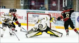  ?? Julie Pringle/Snap Photograph­y ?? West Kelowna Warriors forward RJ Murphy celebrates a goal against the Victoria Grizzlies Saturday at Royal LePage Place. The Warriors won 6-3.