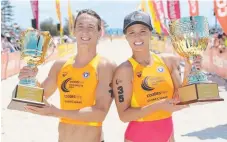  ?? Picture: HARVPIX ?? Coolangatt­a Gold champions Ali Day and Courtney Hancock celebrate with their trophies.