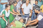  ?? PTI ?? An injured person being shifted to Guwahati Medical College Hospital after a grenade blast in Assam on Wednesday.